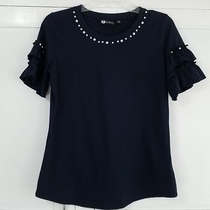 Baku Pearl and Ruffle Detail Short Sleeve Top, Navy, S